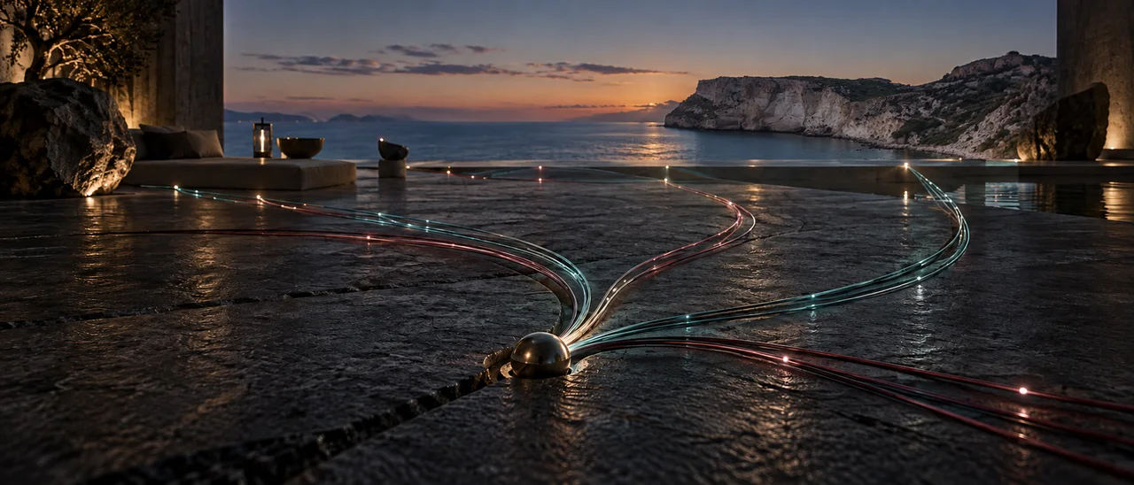 Connessioni luminose davanti alla Sella del Diavolo, composizione AI ispirata a Cagliari