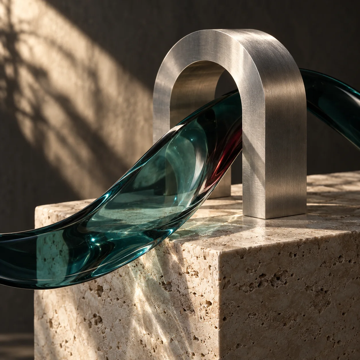 Scultura originale in vetro ottanio e metallo
