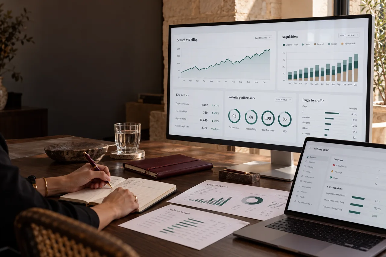 Monitor con grafici di analisi digitale, appunti e strumenti di valutazione sulla scrivania
