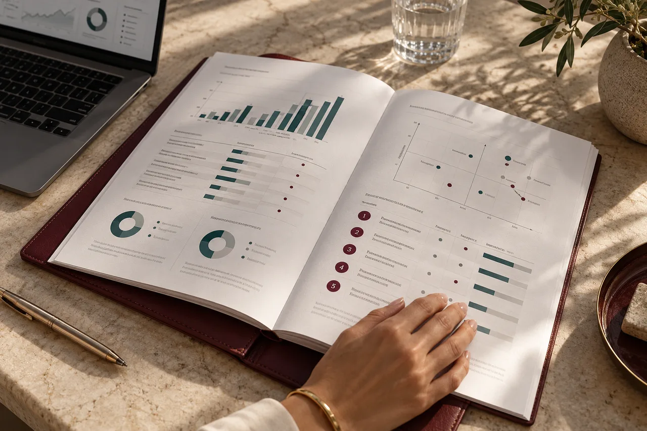 Documento di analisi con grafici e priorità, esaminato accanto a un computer