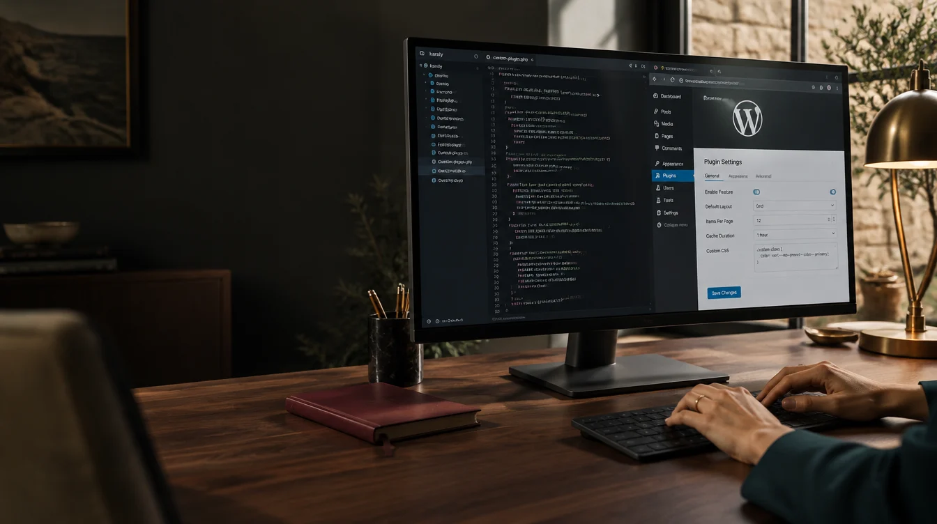 Concept fotografico: mani femminili alla tastiera, codice e personalizzazione WordPress su un monitor.