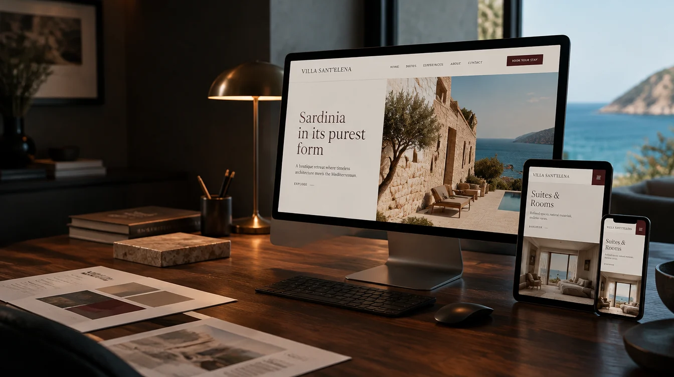 Concept fotografico: sito luxury su desktop, tablet e smartphone in uno studio mediterraneo.