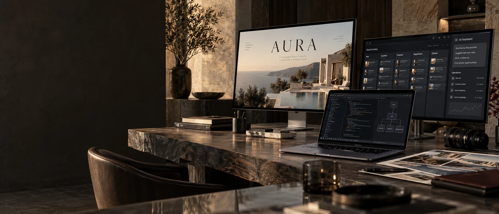 Concept fotografico di un atelier digitale: sito luxury, software CRM e sviluppo su misura su dispositivi reali.