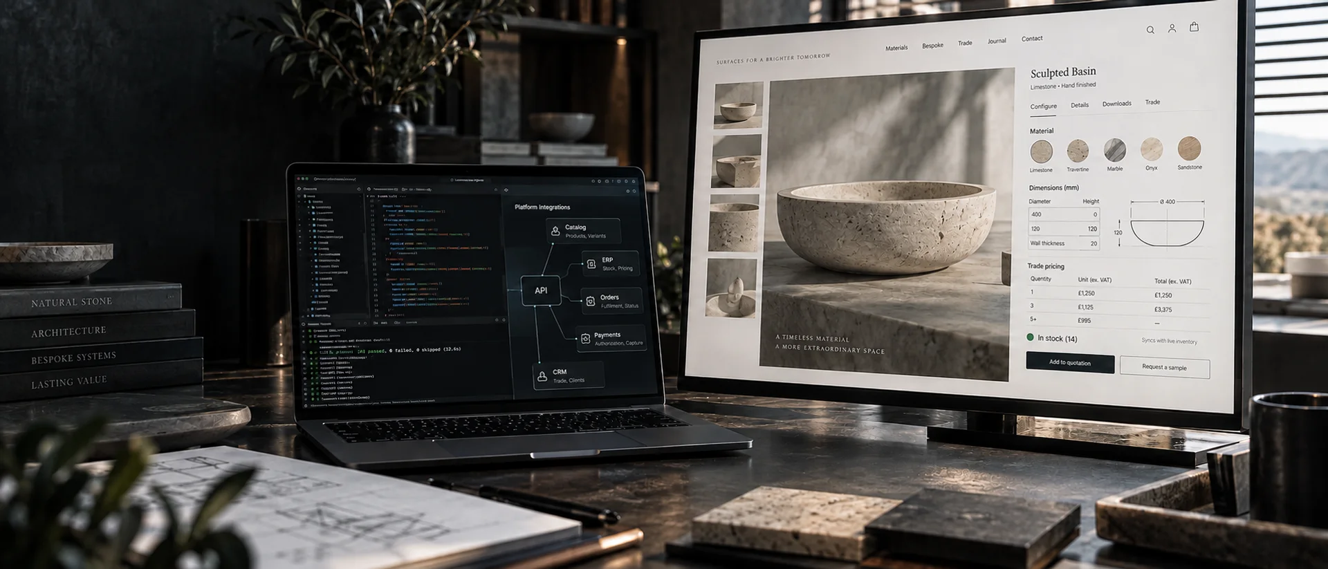 Concept fotografico: configuratore su misura per prodotti di design e ambiente di sviluppo con integrazioni ERP, ordini e CRM.