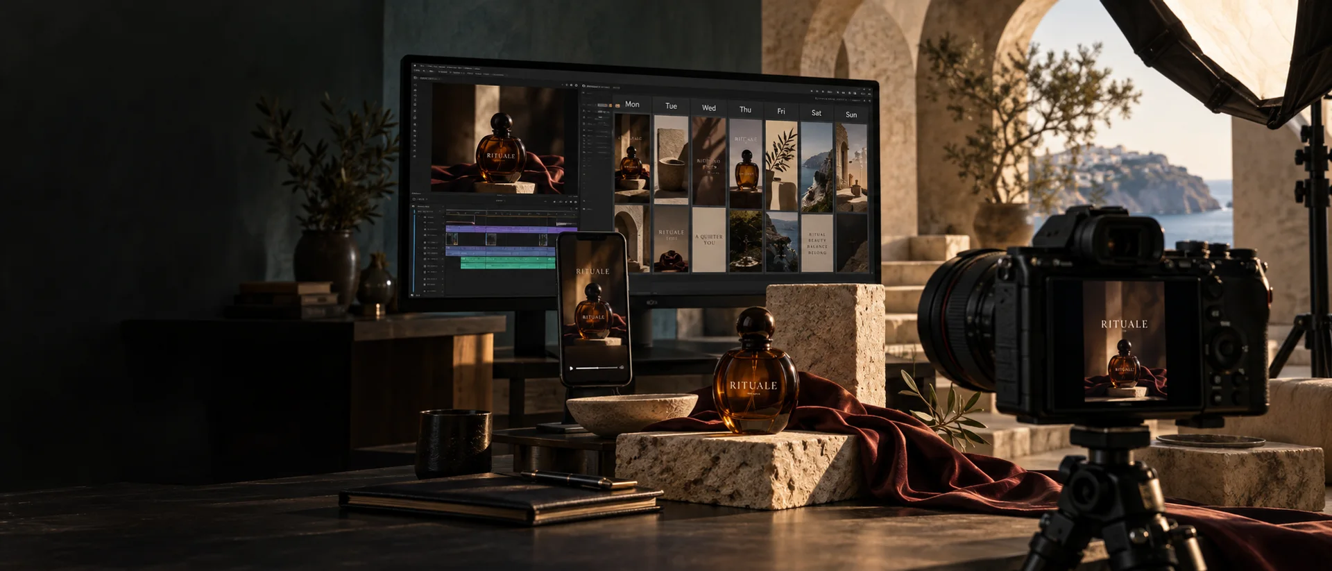 Concept fotografico: produzione professionale di contenuti, videocamera, set di prodotto, montaggio video e piano editoriale.