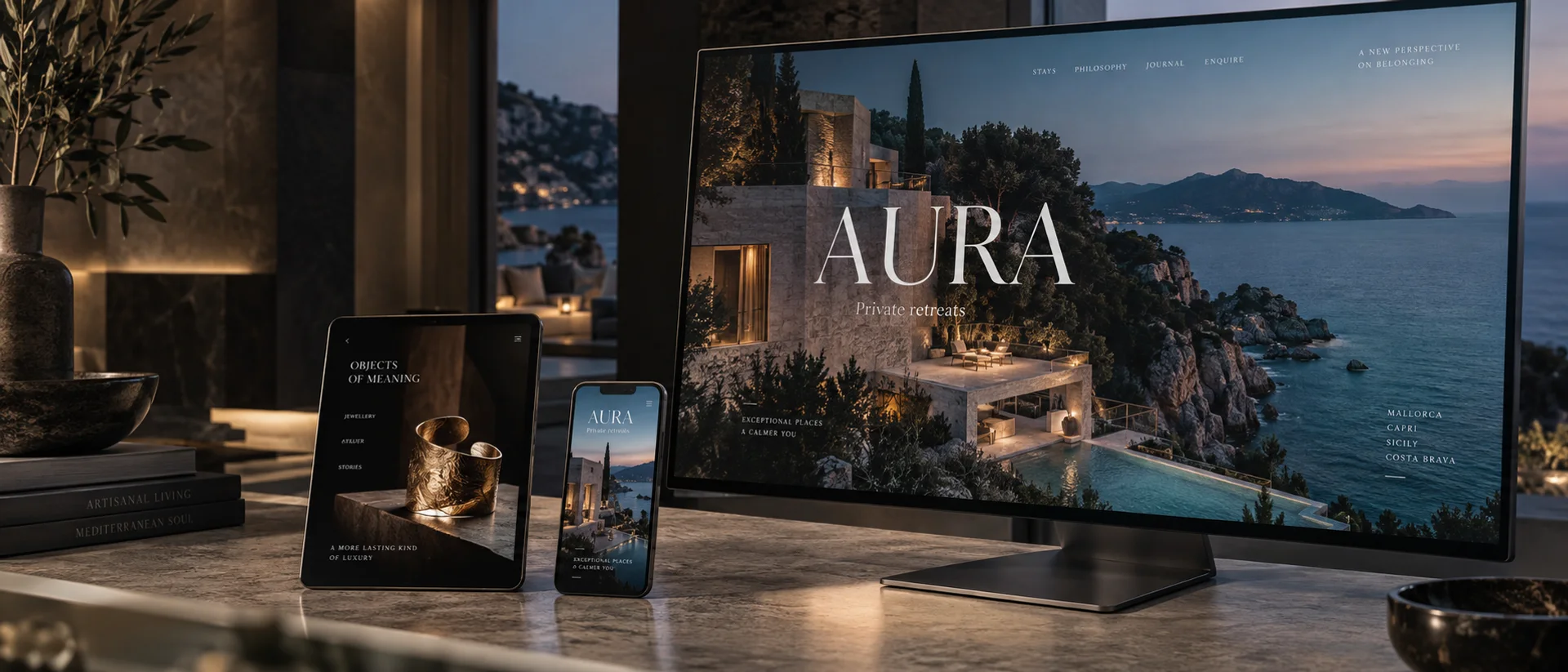 Concept fotografico: sito luxury per l’ospitalità su un grande display, e-commerce gioielli su tablet e versione mobile.