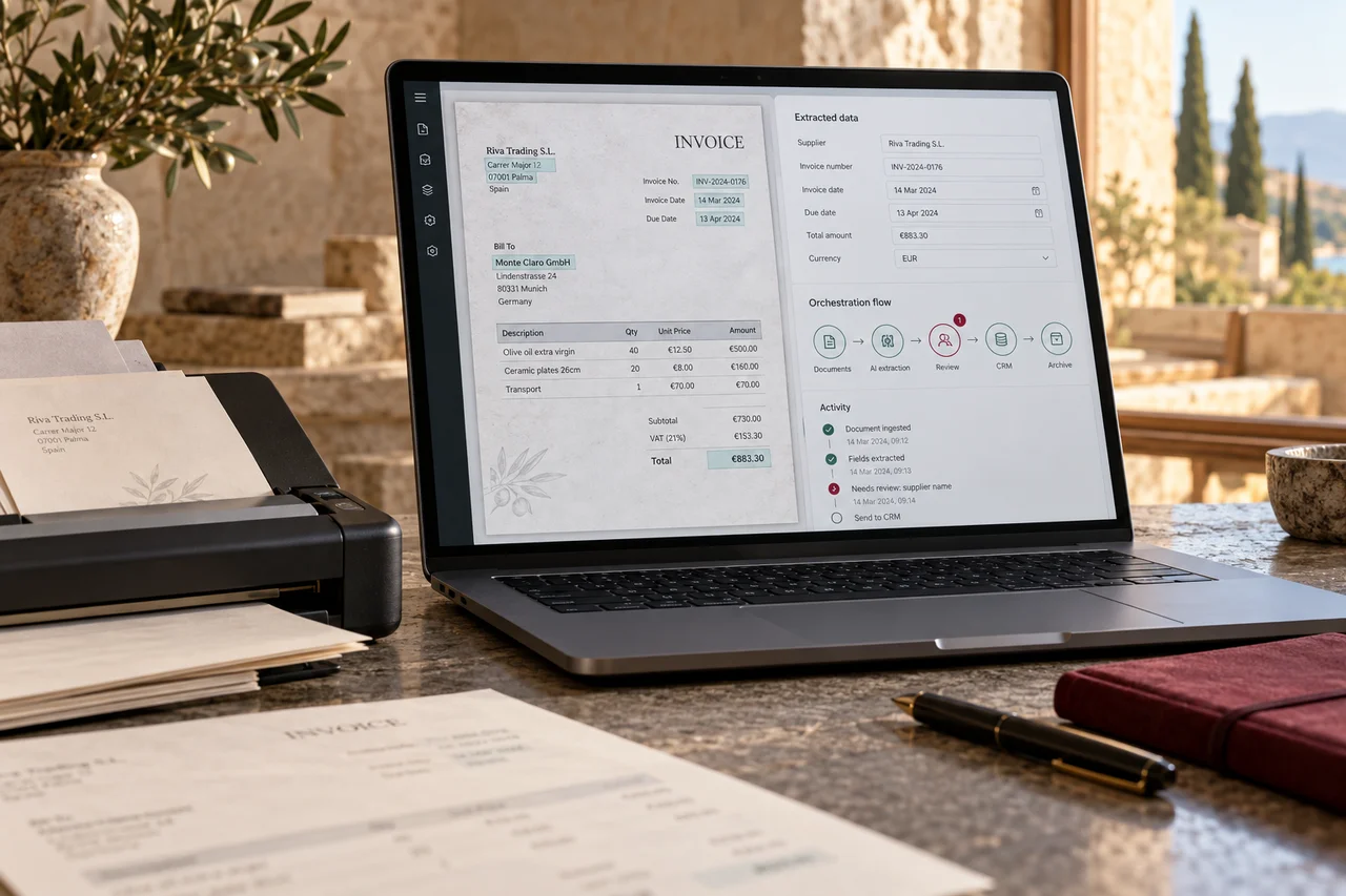 Concept fotografico di automazione AI: acquisizione documenti, estrazione dati e integrazione con il CRM.