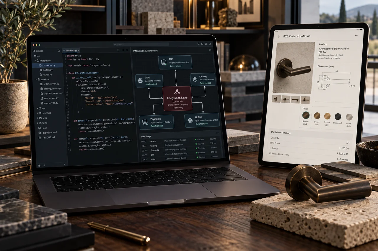 Concept fotografico di sviluppo custom: codice, integrazioni ERP e CRM e preventivazione B2B.