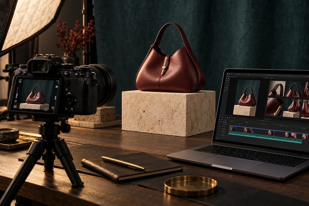 Concept fotografico di produzione di contenuti: ripresa di prodotto e montaggio video.