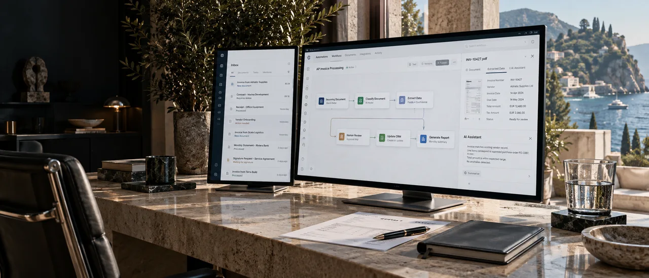 Workflow di dati e documenti visualizzato su una postazione aziendale