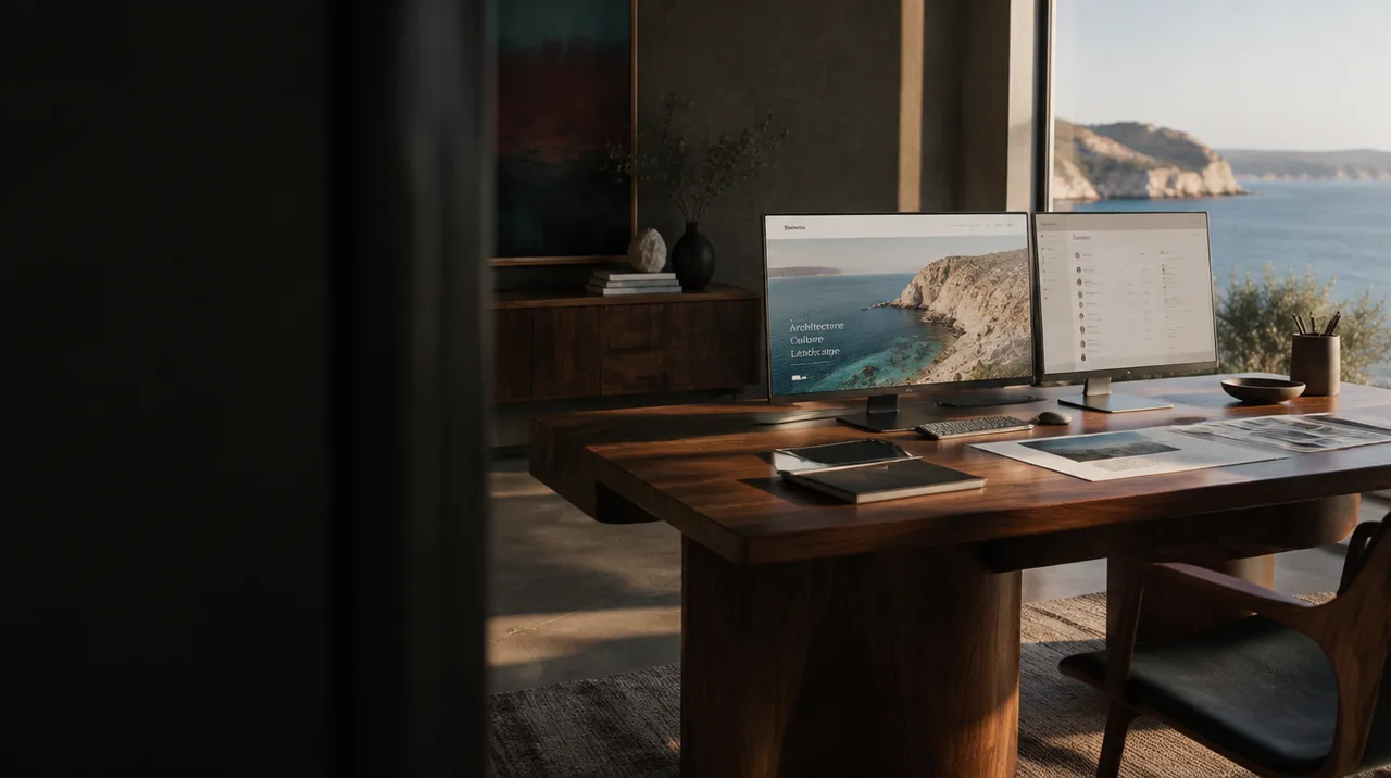 Progettazione di un sito su monitor, con materiali e tavole di lavoro