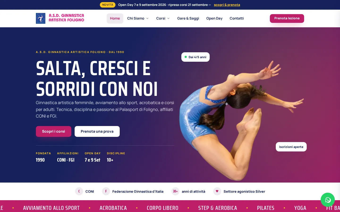Homepage di A.S.D. Ginnastica Artistica Foligno, con presentazione dei corsi e fotografia di una ginnasta