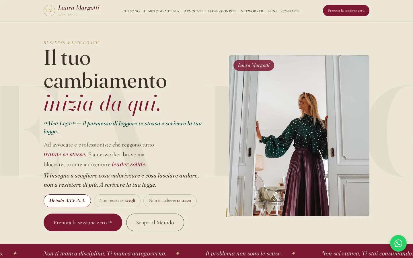 Homepage del sito Laura Margotti, Business & Life Coach: identità Mea Lege, metodo A.T.E.N.A. e ritratto della professionista